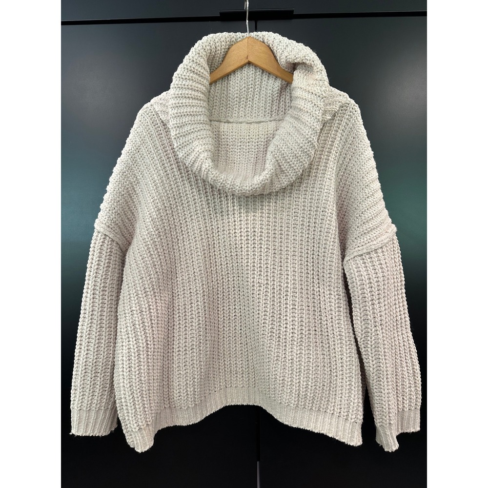 POL Cream Chunky Knit Cowl Neck Ruffle Split Back Sweater BST606 Medium